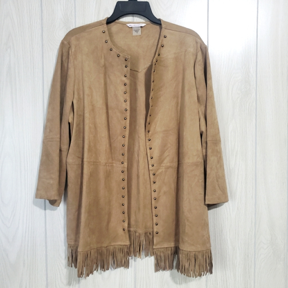 ALLISON DALEY Faux Leather Studded Fringed Open Front Western Style Jacket 2X 18